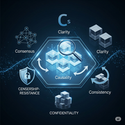 An abstract digital illustration depicting a hexagonal blockchain ledger with different symbols representing the core concepts of "Cs" in blockchain.
